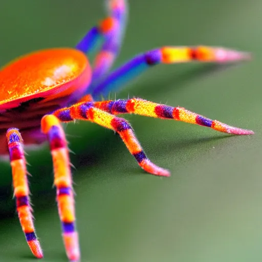 Image similar to a macroshot of a rainbow coloured spider with hundreds of legs and one large eye.