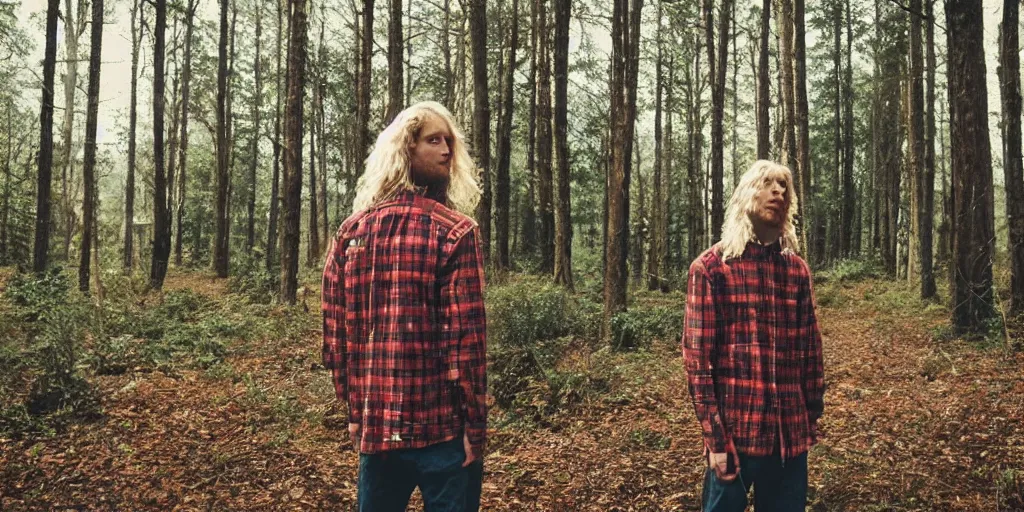 Prompt: tall!!! (((blond))) man wearing a flannel shirt in a forest, long wavy hair, long blond hair, blond, forest, trees, flannel shirt, lumbarjack, photo, low angle photo,