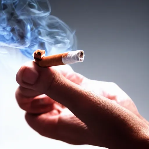 Prompt: Close-up of hyperrealistic soft only hand holding cigarette with smoke, white background, 4K