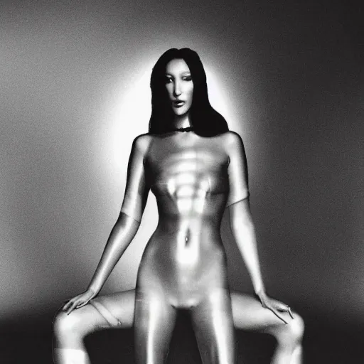 Prompt: bella hadid as maison margiela model on rammstein show. exposure. mysterious. tape photo. processing. lost photo. deep dream effect. award wining photography.. perfect composition. photography masterpiece. iron fire angel