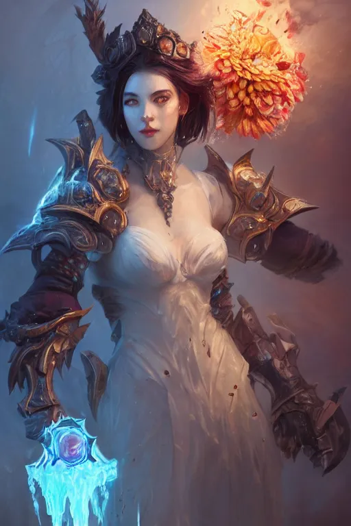 Prompt: beautiful girl necromancer covered with ice exploding into blood, practical armor, heroes of the storm, 3 d render, hyper realistic detailed portrait, holding magic flowers, ruan jia, wlop. scifi, fantasy, hyper detailed, octane render, concept art, peter mohrbacher