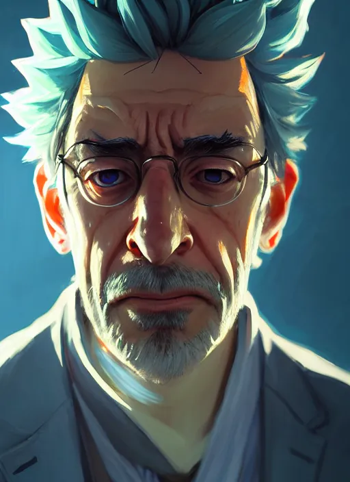 Image similar to portrait of rick sanchez, intricate, headshot, key visual, conceptart, ambient lighting, highly detailed, digital painting, artstation, concept art, sharp focus, by makoto shinkai and akihiko yoshida and greg manchess