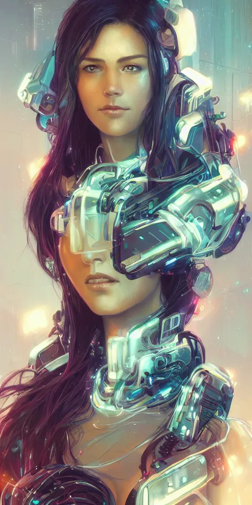 Prompt: beautiful, young woman, cybernetic, cyberpunk, wires, cables, halo, glow, detailed gorgeous face, flowing hair, vaporwave aesthetic, synthwave , digital painting, artstation, concept art, smooth, sharp focus, illustration, art by artgerm and greg rutkowski and alphonse mucha