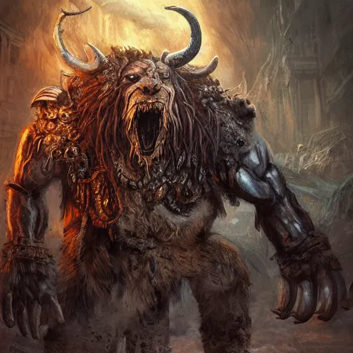 Prompt: concept art painting, giant hairy beast full body warrior with a ram head, burning eyes, toned muscles, intricate face details, old wooden staff, steampunk vibes, city background, highly detailed, ominous