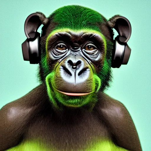 Image similar to a high quality photo of a green chimp wearing headphones, realism, 8k