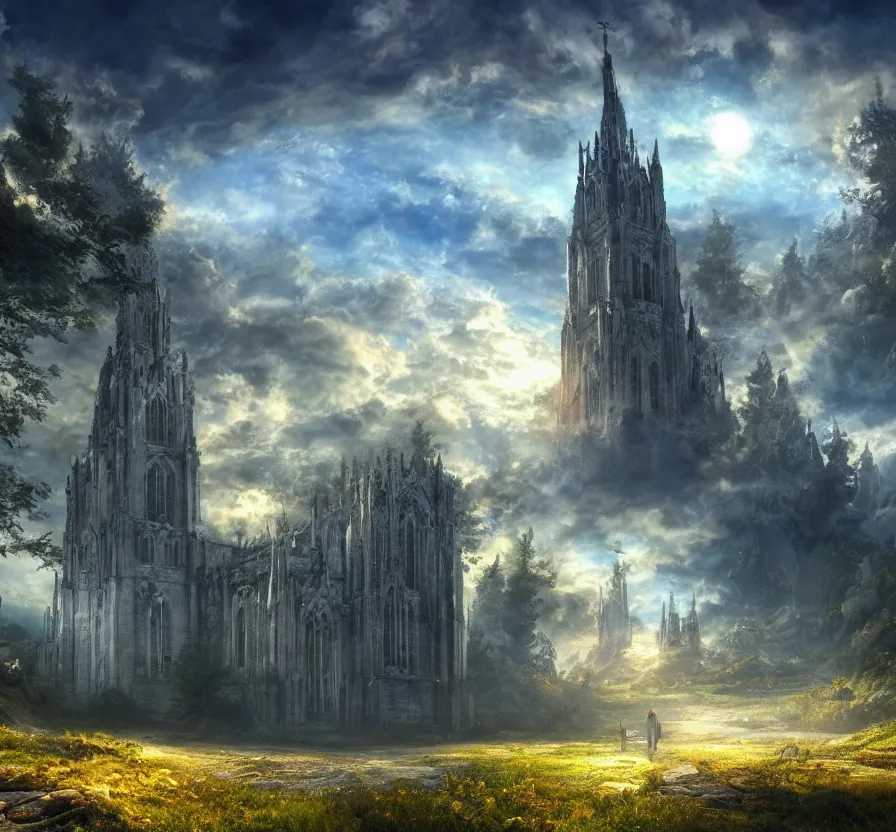 Image similar to nature landscape, in sky there a big church, fantasy artwork, very beautiful scenery, hd, hdr, ue 5, ue 6, unreal engine 5, cinematic 4 k wallpaper, 8 k, ultra detailed, by popular digital artist,