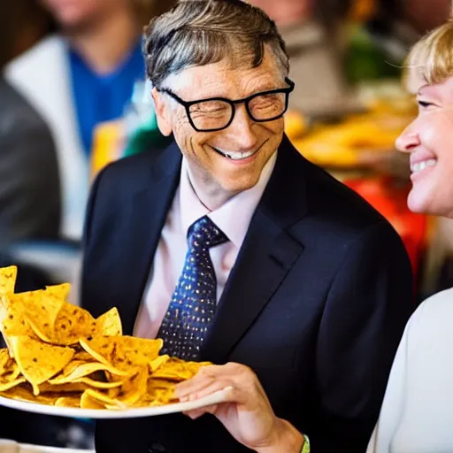 Image similar to bill gates smiling down at a huge plate of cheesy nachos, candid photography