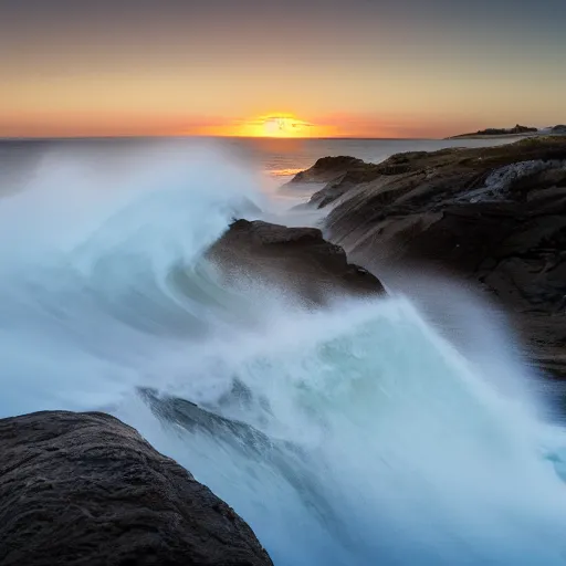 Prompt: long exposure shot of waves crashing against a cliff at sunset