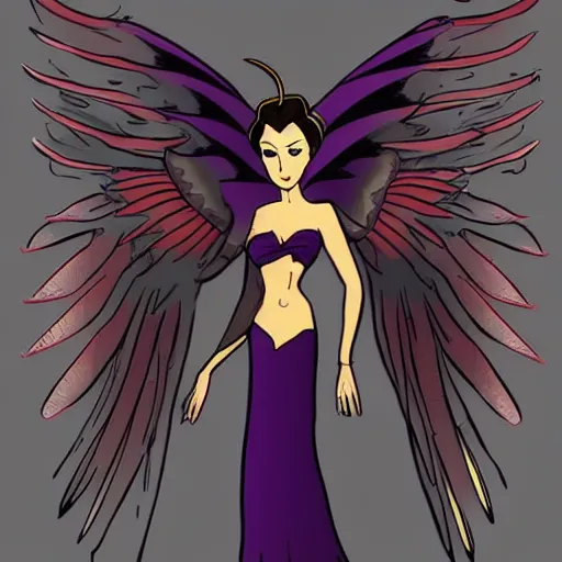 Prompt: fairy with wings, similar to maleficent, cartoon style