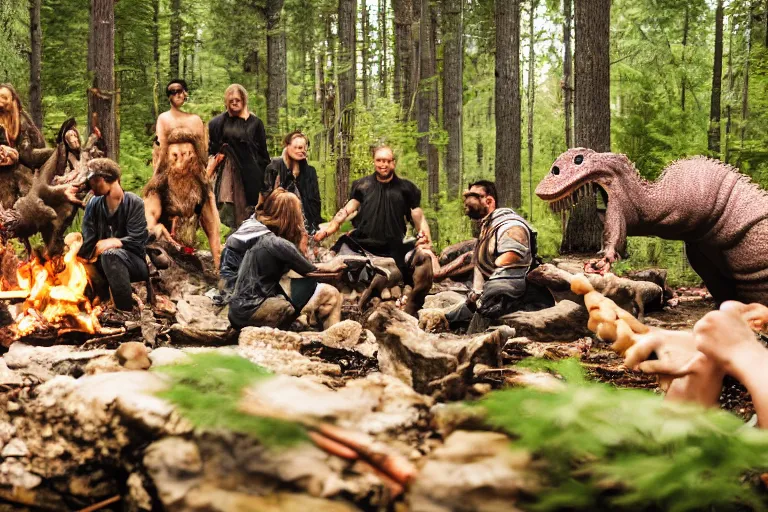 Image similar to sigma 8 5 mm, photo, neanderthal people eating sushi, surrounded by dinosaurs!, gigantic forest trees, sitting on rocks, bonfire, close up camera on bonfire level