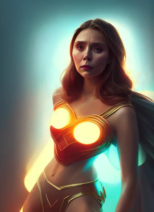 Image similar to portrait of modern darna, elizabeth olsen, intricate, elegant, glowing lights, highly detailed, digital painting, artstation, glamor pose, concept art, smooth, sharp focus, illustration, art by wlop, mars ravelo and greg rutkowski