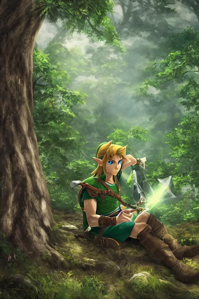 Image similar to a photorealistic portrait of link sitting in woods of hyrule playing ocarina, with a crystal texture and a dreamy atmosphere ， super wide angle ， matte painting ， rtx on ， trending on zelda ocarina of time