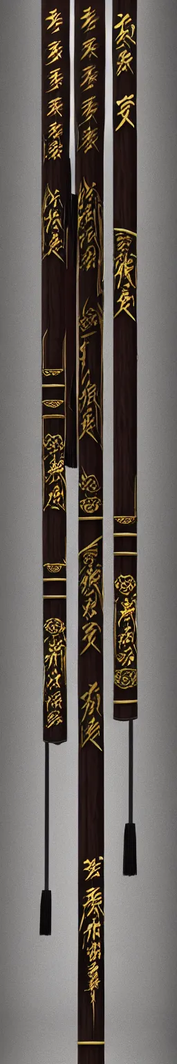 Image similar to single wooden long straight thin ninja fighting staff decorated with oriental ornaments, polished, weapon, highlight, vertical, centred, highly symmetric, sci - fi, fantasy, japan, dnd, close shot, bright uniform background, directional lighting, digital art, hyperrealism, award winning, 8 k, trending on art station