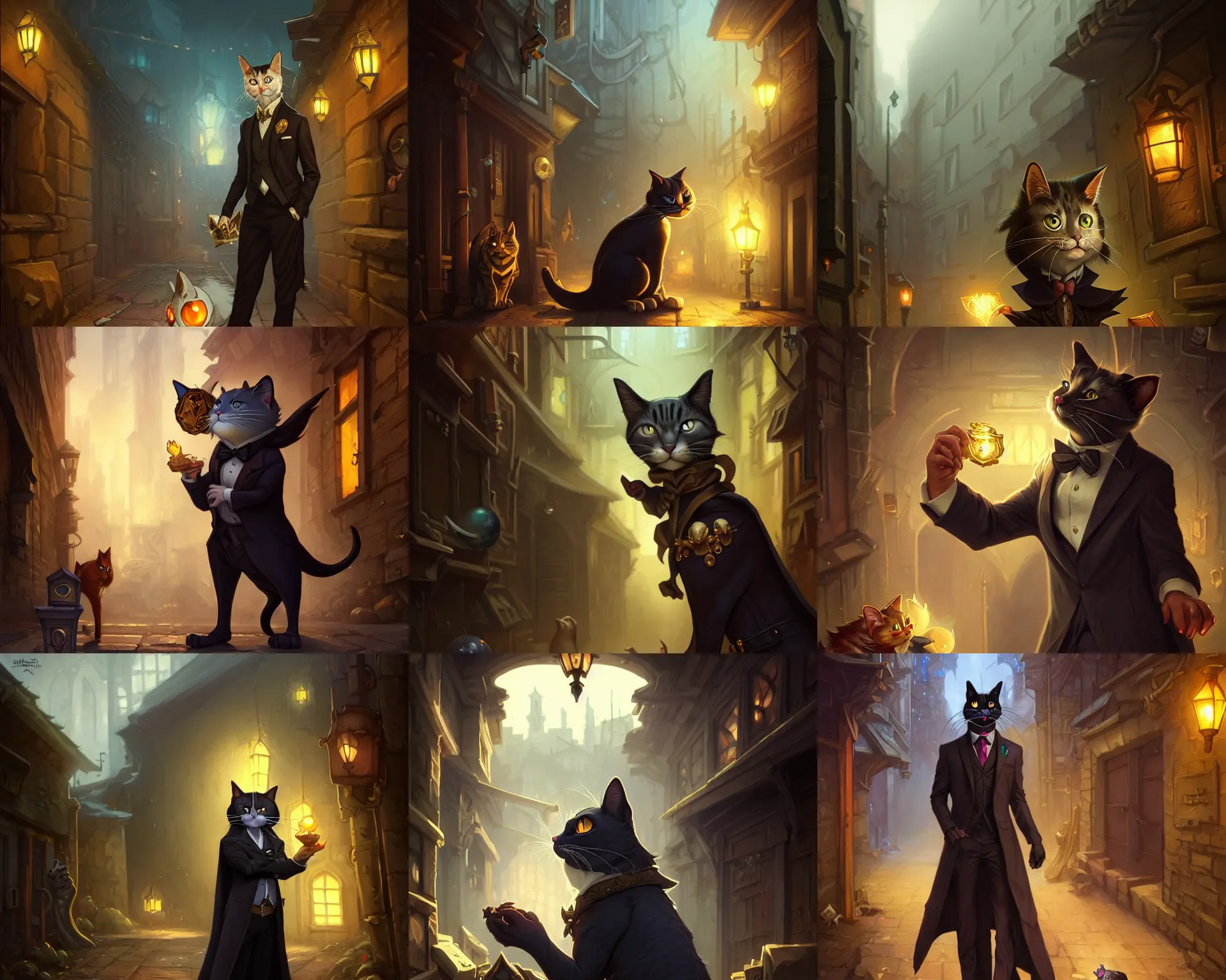 Prompt: film still, cartoonish cat in a suit in a dark alley, deep focus, d & d, fantasy, intricate, elegant, highly detailed, digital painting, artstation, concept art, matte, sharp focus, illustration, hearthstone, art by artgerm and greg rutkowski and alphonse mucha.