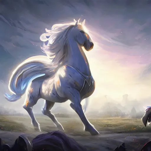 Prompt: a giant white chess horse piece, glowing chess horse pawn, glowing chess horse knight, chess horse knight, chess knight, chess knight, battlefield background, bright art masterpiece artstation. 8 k, sharp high quality artwork in style of jose daniel cabrera pena and greg rutkowski, concept art by tooth wu, hearthstone card game artwork, chess horse