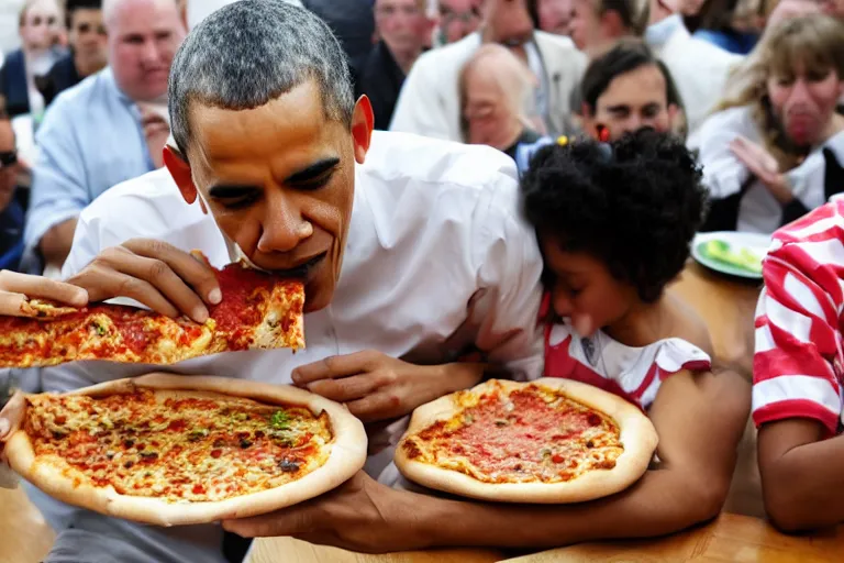 Prompt: a photo of obama eating pizza