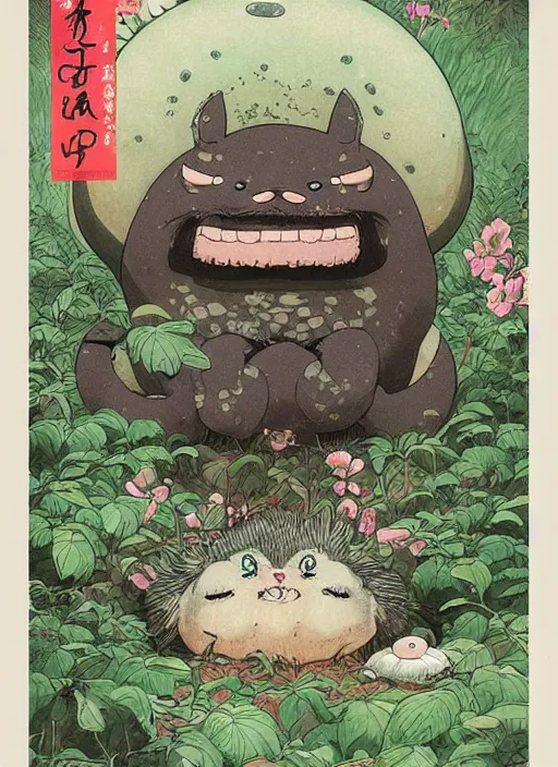 Image similar to a beautiful japanese magazine cover of a cute strange animal, illustrated by miyazaki, highly detailed, concept art, trending, poster