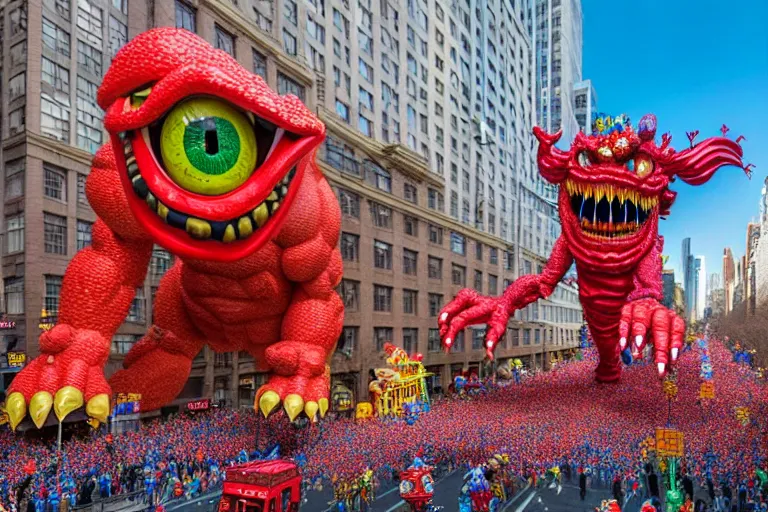 Image similar to photo of giant beautiful elaborate parade float monster designed by greg rutowski and geof darrow, in the macys parade, detailed 4 k photo, gigapixel, hyperdetailed