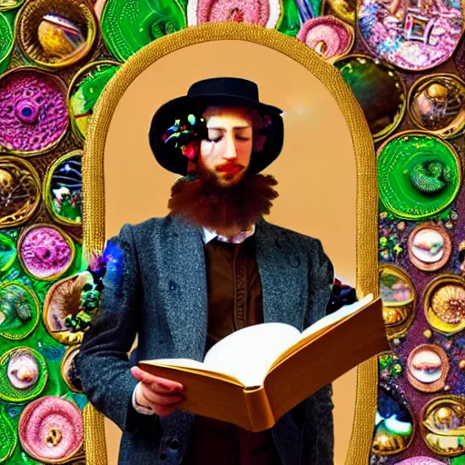 Prompt: HD 8x hyperdetailed illustrated collage of a man with a maximalist hyperrealistic huge hat made of mixed media jewel plants, reading an elaborate book. flamish baroque solarpunk elements. matte background in pastel tones.