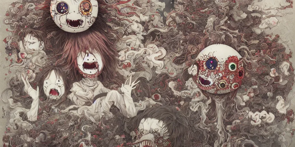 Prompt: A beautiful detailed aesthetic horror mate painting titled 'Faces floating in miasma' description 'Demonic faces floating in thick demonic fog' by Takashi Murakami and Takato Yamamoto, Trending on cgsociety artstation, cinematic lighting, 8k, masterpiece.