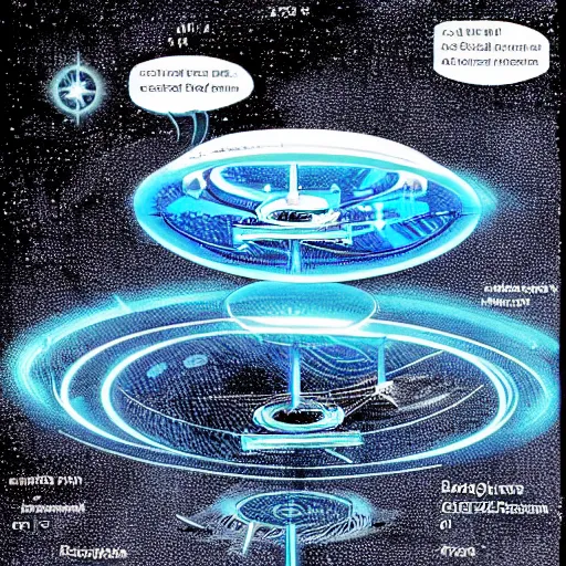 Image similar to a highly detailed technical schematic, blue - print, of a ufo propulsion system