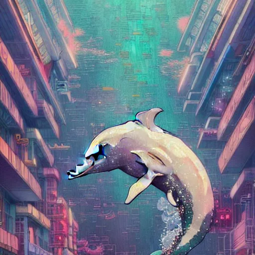 Image similar to a beautiful hyperdetailed character design 4 k wallpaper illustration of a cute dolphin, victo ngai cyberpunk style, from china, style of studio ghibli, makoto shinkai, raphael lacoste, louis comfort tiffany, artgerm, james jean, ross tran, chinese style