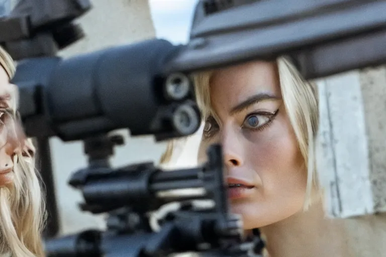 Image similar to margot robbie in the american sniper, closeup action shot, looking into the scope, cinematic