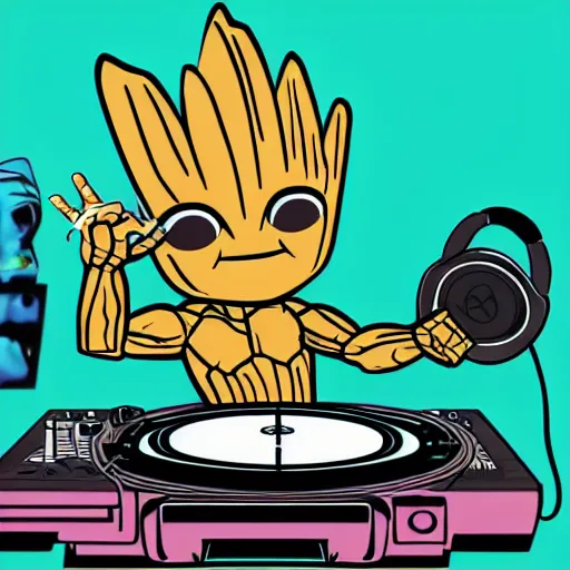 Image similar to svg sticker of a Pop-Wonder Groot-Marvel-Avenger at a rave, spinning records, giant headphones rocking out, wearing headphones, huge speakers, dancing, rave, DJ, spinning records, digital art, amazing composition, rule-of-thirds, award-winning, trending on artstation, featured on deviantart