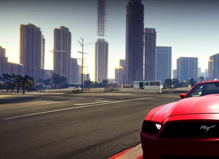 Image similar to still next - gen ps 5 game grand theft auto 6 2 0 2 4 remaster, graphics mods, rain, red sunset, people, rtx reflections, gta vi, miami, palms and miami buildings, photorealistic screenshot, unreal engine, 4 k, 5 0 mm bokeh, close - up ford mustang, gta vice city remastered, artstation