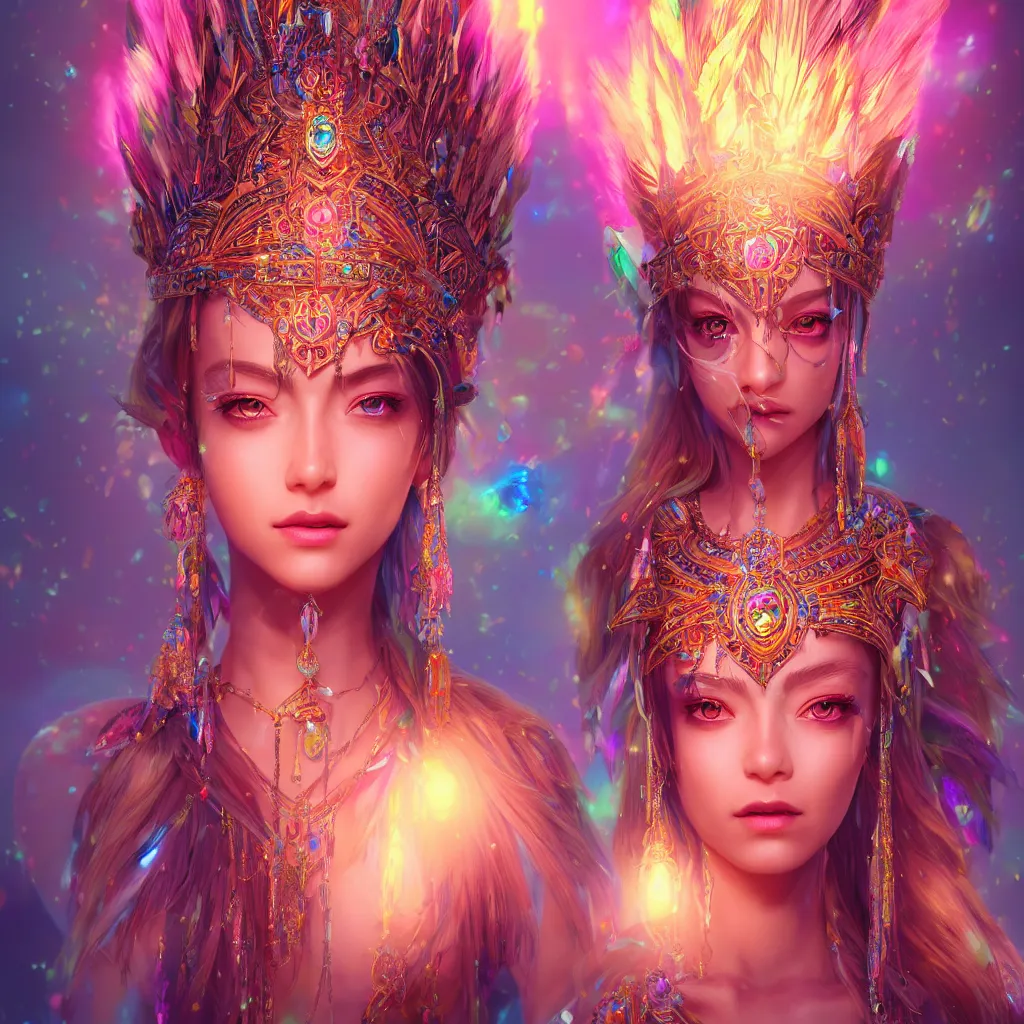 Image similar to portrait highly detailed beautiful symmetrical face high priestess intricate elegant detailed crystal jewellery with tribal feathers, lush colourful volumetric lighting, anime digital painting, concept art, smooth, sharp focus 3 d, divine realm of gods, realistic cinematic style, octane render, photographic, unreal engine 8 k