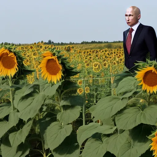 Image similar to Putin standing among a burning field of sunflowers,