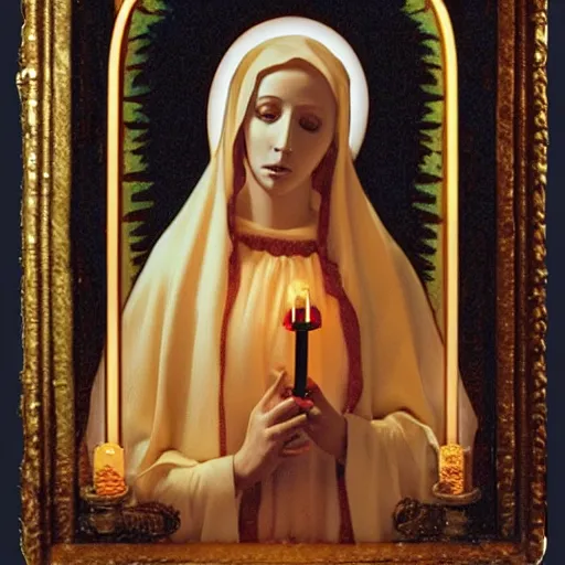 Image similar to virgin mary on a candle dressed in day if the dead dress and makeup