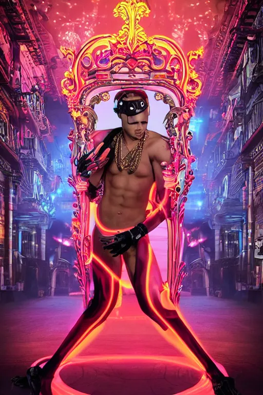 Image similar to full-body rococo and cyberpunk style neon statue of a muscular attractive Jay Sean sim roupa macho dotado e rico android sim roupa reclining con las piernas abiertas e la piroca dura e afuera, glowing red laser eyes, prince crown of red gears, diamonds, swirling black-colored silk fabric. futuristic elements. full-length view. space robots. red balloon animals. human skulls. intricate artwork by caravaggio. Trending on artstation, octane render, cinematic lighting from the right, hyper realism, octane render, 8k, depth of field, 3D