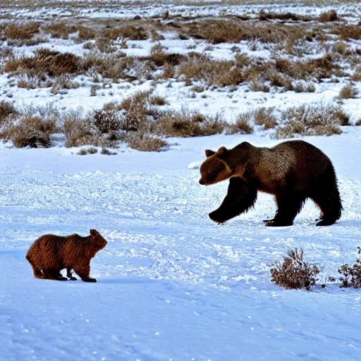 Prompt: Award Winning Nature photo Brown Bear Mothers Rabbits in snow in the mexican desert