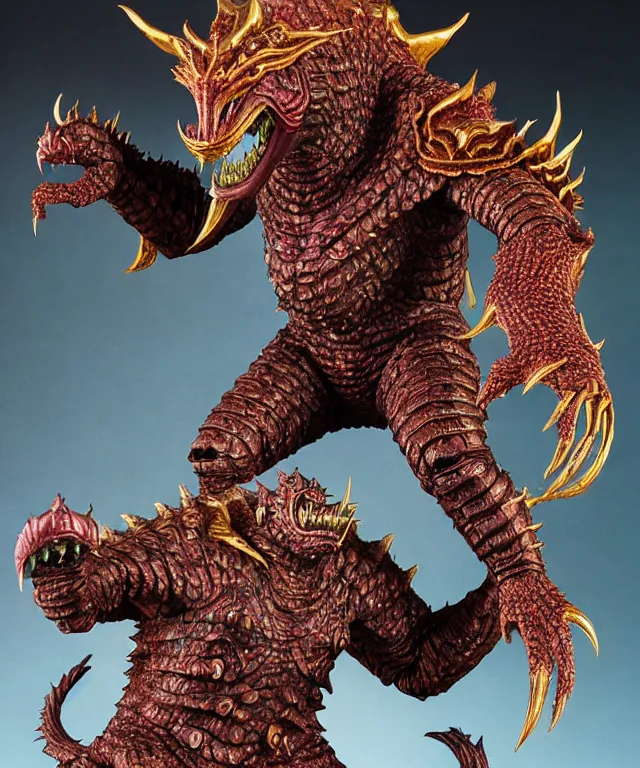 Prompt: a hyperrealistic rendering of an epic boss fight against ornate king emporer jewel crown war armor battle kaiju beast god by art of skinner and richard corben, product photography, collectible action figure, sofubi