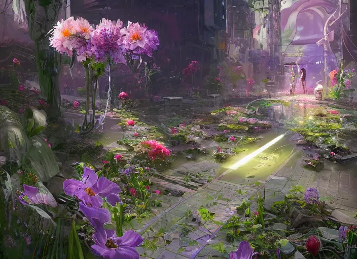 Prompt: cyberpunk flower bloom by vladimir volegov and alexander averin and peder mørk mønsted and adrian smith and raphael lacoste