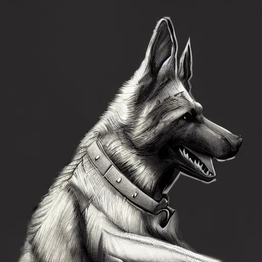 Image similar to a wounded humanoid german shepherd beast - man in military style, sitting on the bed, highly detailed portrait, digital painting, artstation, concept art, smooth, sharp foccus ilustration, artstation