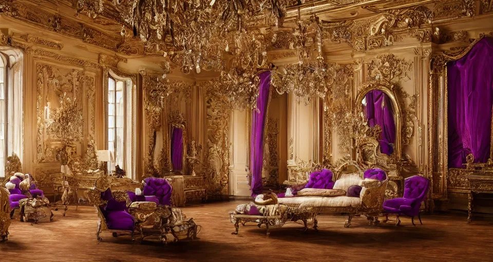 Prompt: a long hair princess through a baroque dreamy room full of renaissance furniture, a highly detailed photo from the back, perspective, cinematic lighting, intricate, 4k resolution, elegant, gold and purple