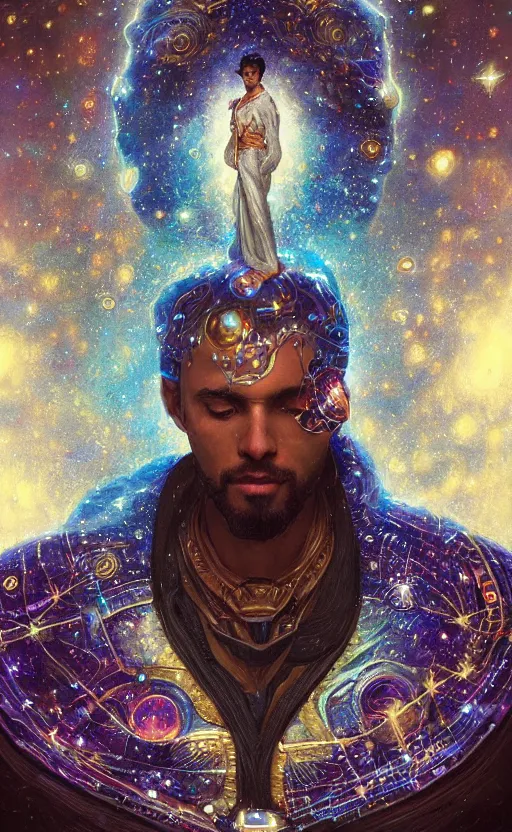 Prompt: portrait of a cosmic god, suit made out of stars and galaxies and cosmic energy, intricate, headshot, highly detailed, digital painting, artstation, concept art, sharp focus, cinematic lighting, illustration, art by artgerm and greg rutkowski, alphonse mucha, cgsociety