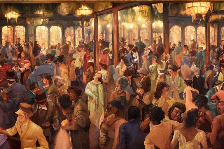 Image similar to beautiful detailed Harlem Renaissance painting painting of a 20s dancing party in ekanite bar that looks like it's from lord of the rings and bazaar by greg rutkowski, marc simonetti,Chris Achilleos,Charles Samuel Addams ,featured on artstation, ultrawide angle,f16
