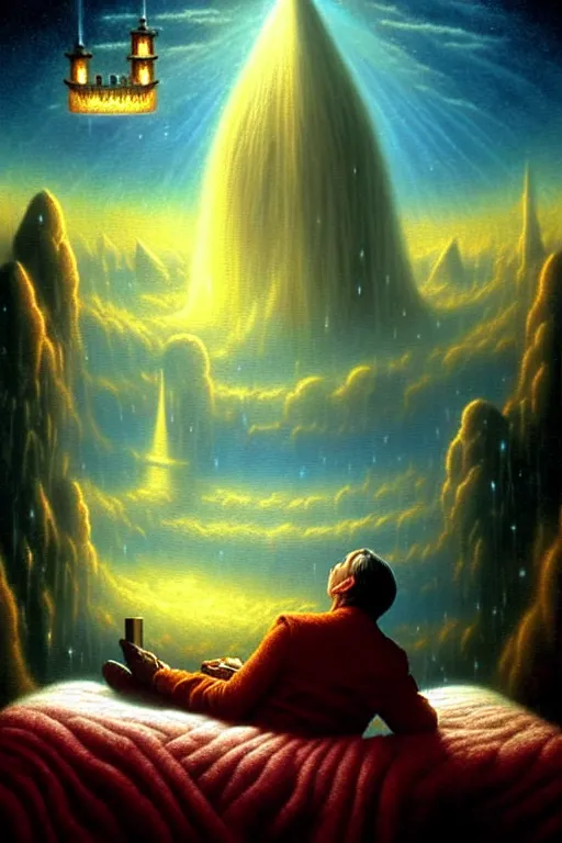 Prompt: a photorealistic detailed cinematic image of a man on his deathbed, reminiscing on memories, portal to the afterlife. kingdom of heaven. friends and family, overjoyed, emotional by pinterest, david a. hardy, kinkade, lisa frank, wpa, public works mural, socialist