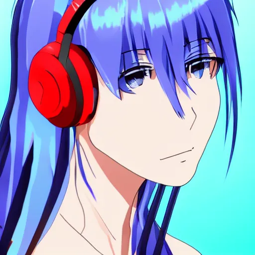 Image similar to Girl with blue hair and red eyes wearing headphones, anime style