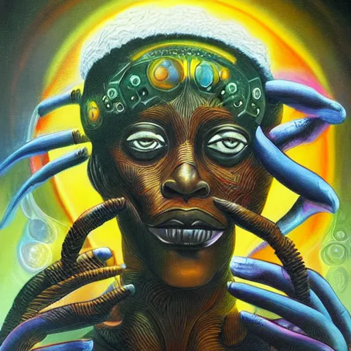 Image similar to afrofuturistic techno - mage, dark fantasy, occult, year 2 1 0 0, high - quality surrealist painting