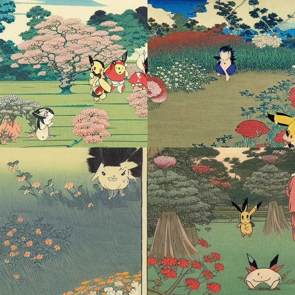 Prompt: Pokemon playing in a field of flowers, painting by Hokusai,