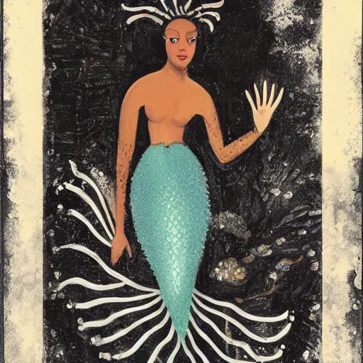 Prompt: a black mermaid by Haddon Sundblom