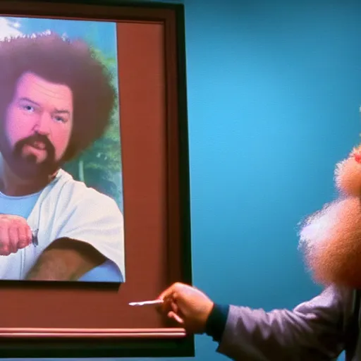 Image similar to a closeup photorealistic photograph of bob ross detailing a canvas painting of kenny powers. film still. brightly lit scene. this 4 k hd image is trending on artstation, featured on behance, well - rendered, extra crisp, features intricate detail, epic composition and the style of unreal engine.