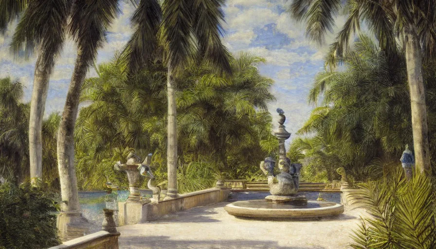 Image similar to a ultradetailed beautiful painting of an old fountain in the amazonas palace balustrade designed by jules bastien - lepage, tarsila do amaral, frank weston and gustave baumann, beach, trending on artstation, mediterranean, palm trees, sharp focus, soft light, 8 k 4 k