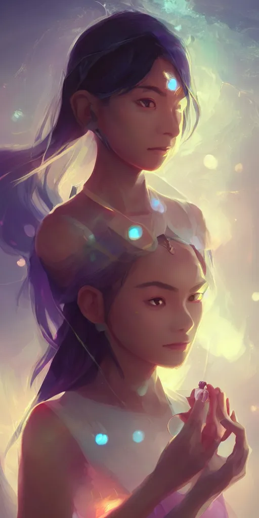 Prompt: beautiful young Himalayan woman with psychic powers, holding crystals, sad, futuristic, somber, by Makoto Shinkai and Wojtek Fus, by studio trigger, rossdraws, dramatic lighting, reflective light
