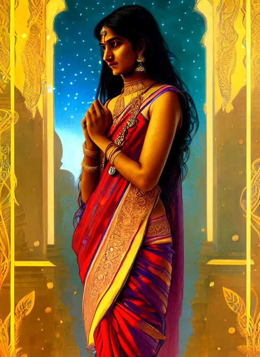 Image similar to a young indian lady wearing a sari watching a meteor shower, wet, shiny, fantasy, intricate, elegant, hyper detailed, ultra definition, photoreal, artstation, unreal engine rendered, concept art, smooth, sharp focus, illustration, art by artgerm and greg rutkowski and alphonse mucha and garis edelweiss