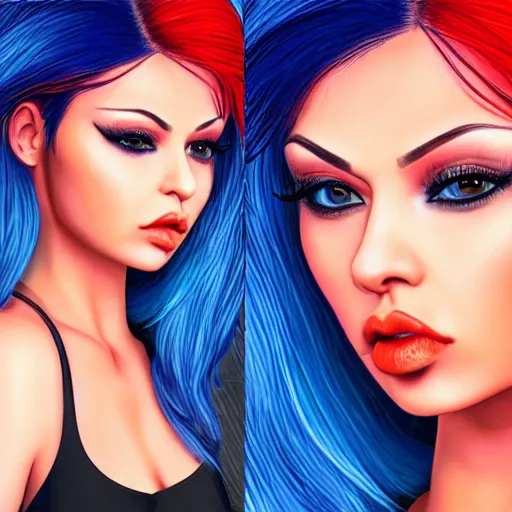 Prompt: portait of haifa wehbe asymmetric face, perfect lips licking tongue, long hair blue centred, hd, very detailed curve, digital painting, unreal engine, final fantasy style, amazing red orange background theme